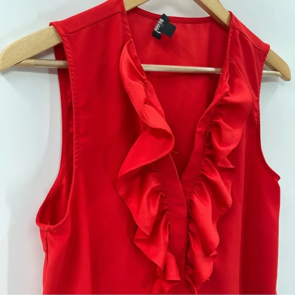 J. Crew Ruffle Front V-Neck Sleeveless Blouse Layering Top Satin Red Size Small